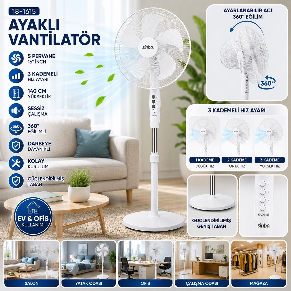 16'' 5 Pervaneli Ayaklı Vantilatör - Sessiz, 140 cm, 3 Kademe