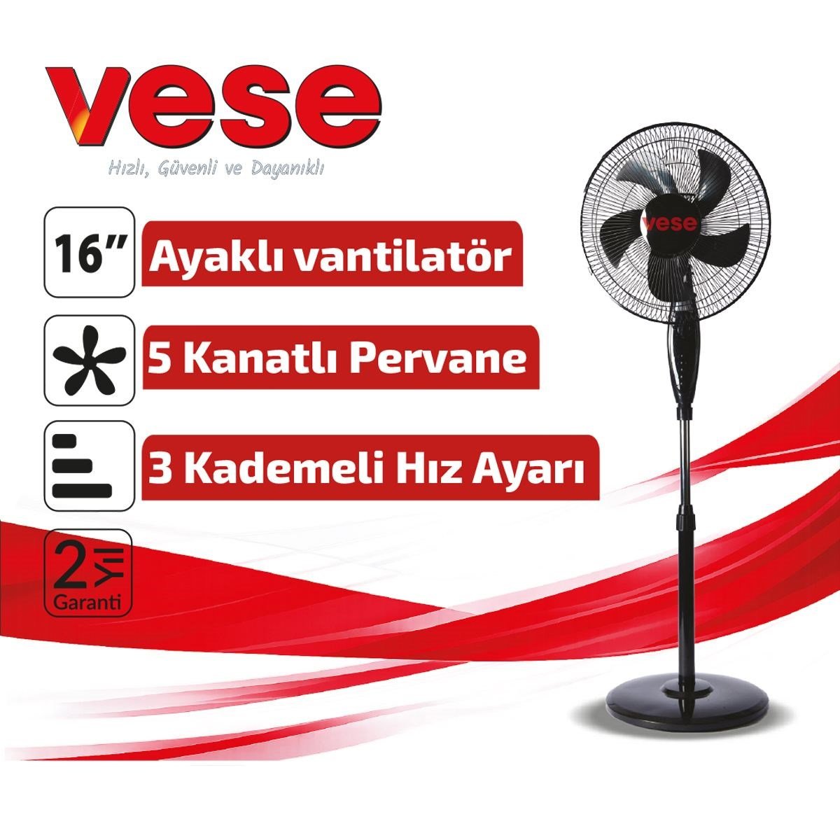 16 inç Ayaklı Vantilatör 45W 5 Kanat 3 Kademe