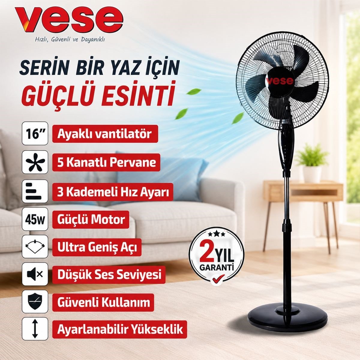 16 inç Ayaklı Vantilatör 45W 5 Kanat 3 Kademe