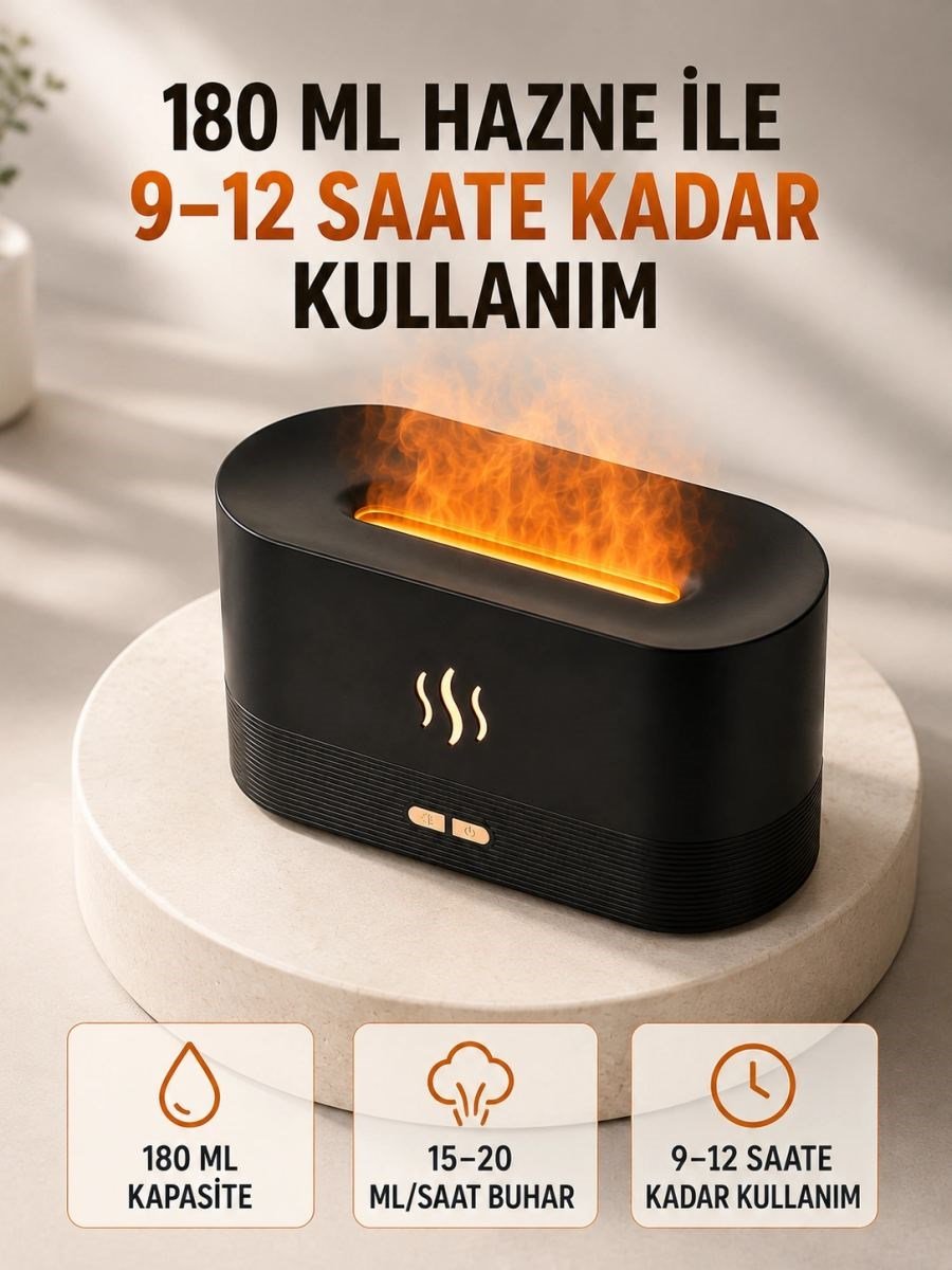 180 Ml Alev Efektli Aroma Difüzörü Ultrasonik Buharlı Aromaterapi Cihazı