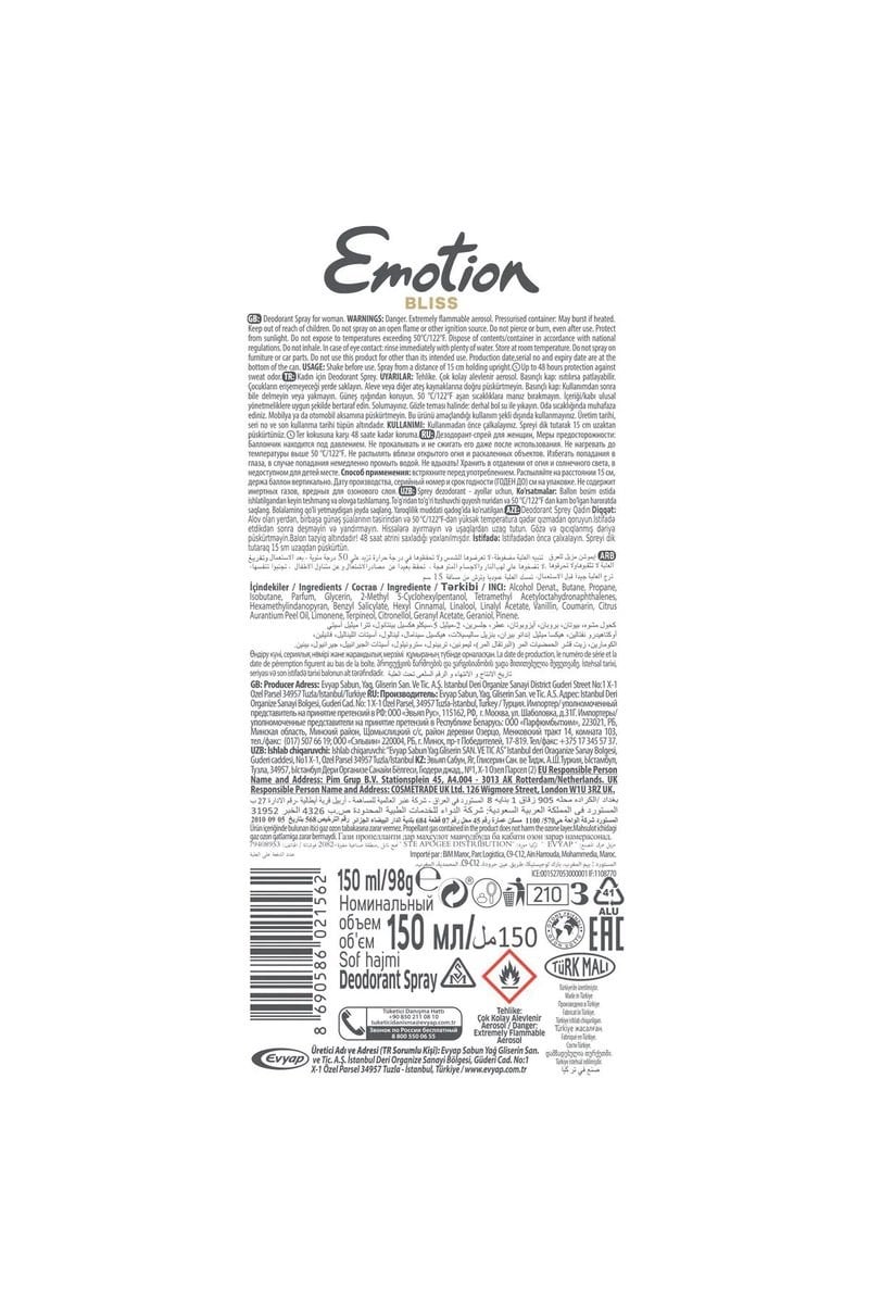 2 Adet Emotion Bliss Kadın Vegan Deodorant 150 Ml Hızlı Kurur , Leke Bırakmaz