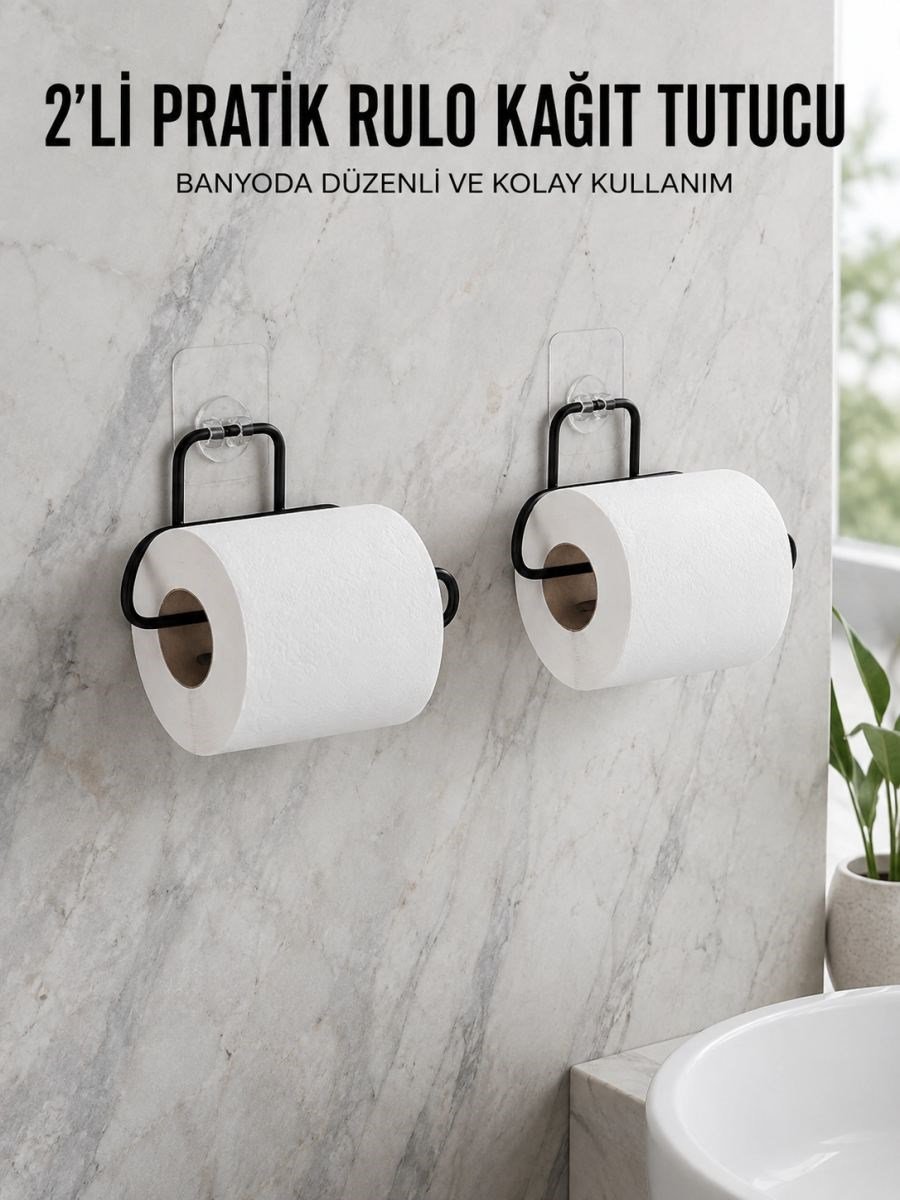 2 Adet Siyah Yapışkanlı Kağıtlık Duvar Tipi Tuvalet Kağıdı Ve Rulo Tutucu