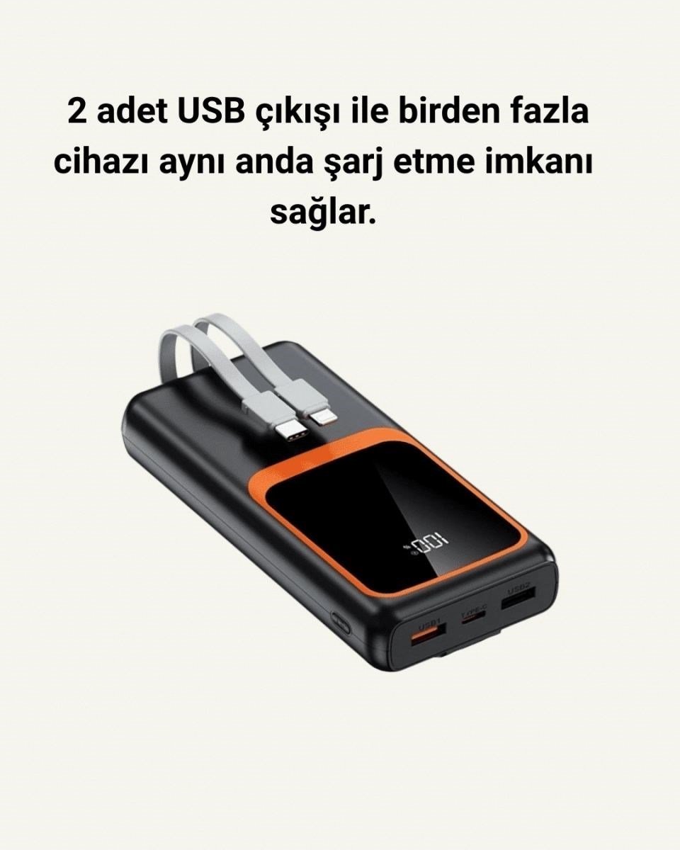 20.000 Mah Taşınabilir Şarj Cihazı Dijital Göstergeli Kablolu Powerbank