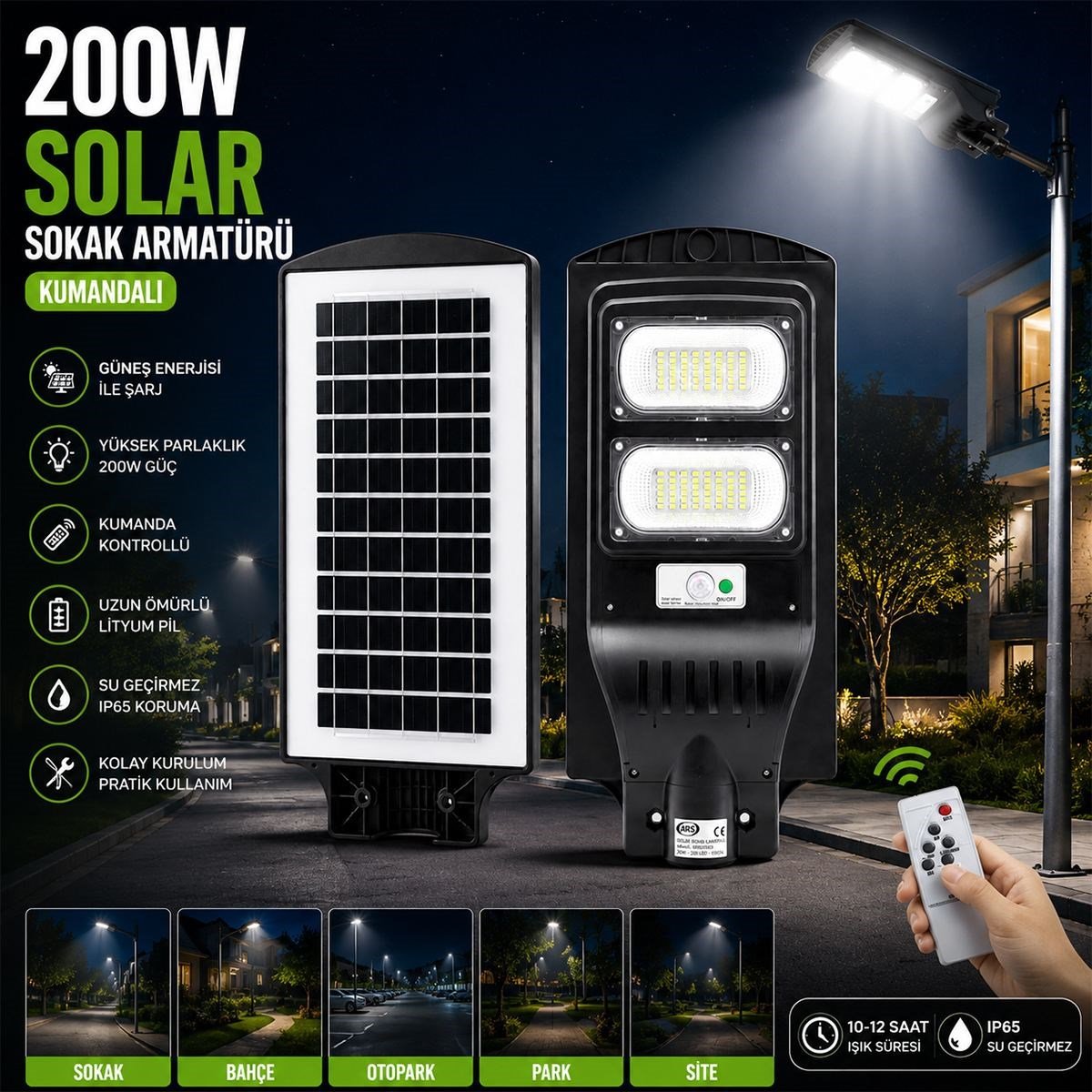 200W 6500K Sensörlü Güneş Enerjili Sokak Lambası