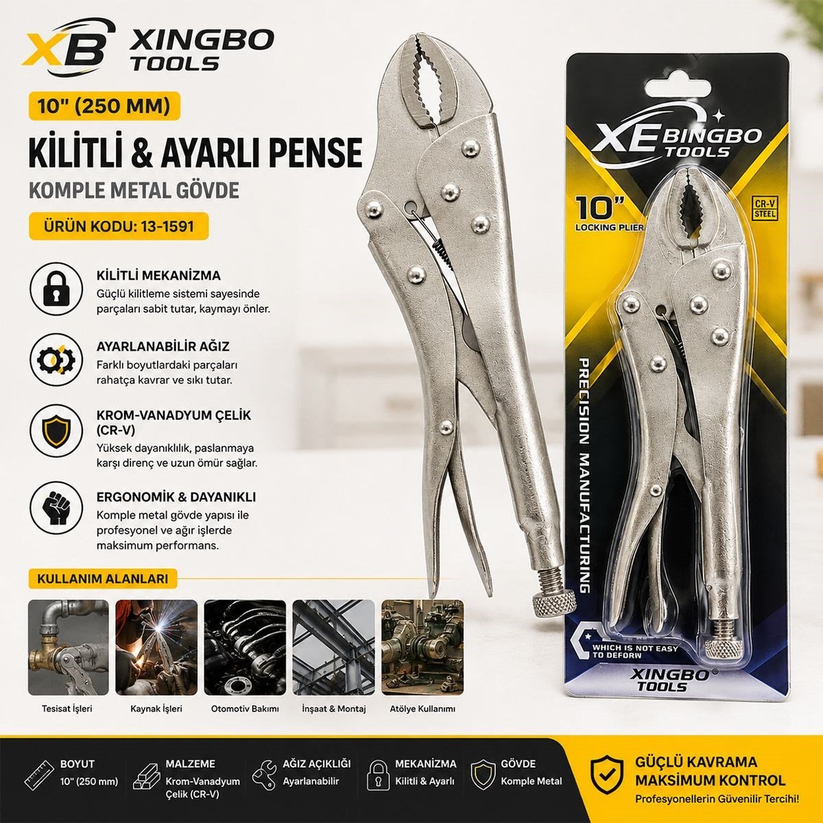 250 mm Kilitli Ayarlı Pense (Krom, Komple Metal)