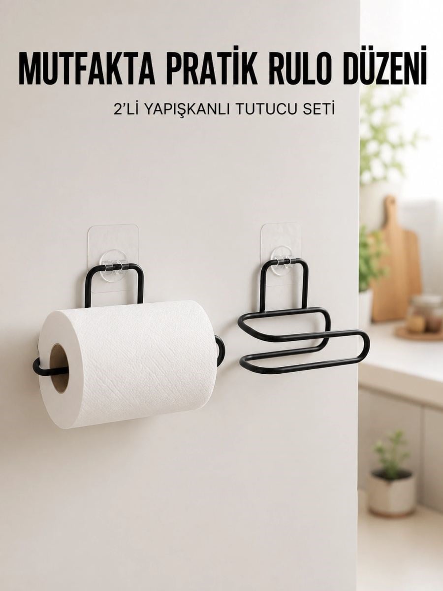 2’li Siyah Metal Rulo Kağıt Tutucu Yapışkanlı Banyo Ve Mutfak Kağıtlık