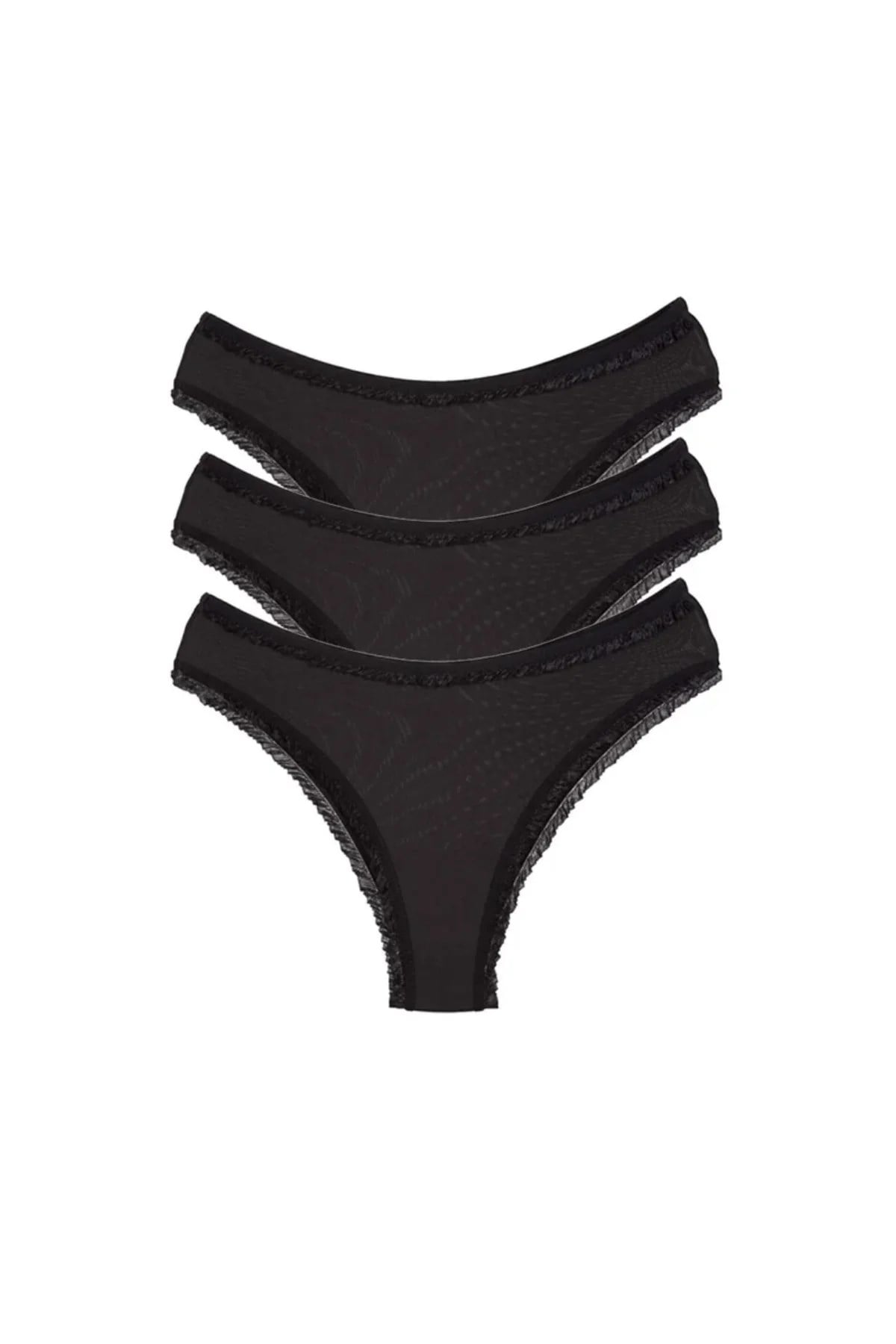 3 Adet Kadın Mikro Bikini Külot İnce Lastik FırFır Kenarlı Yumuşak Doku İç Giyim Siyah