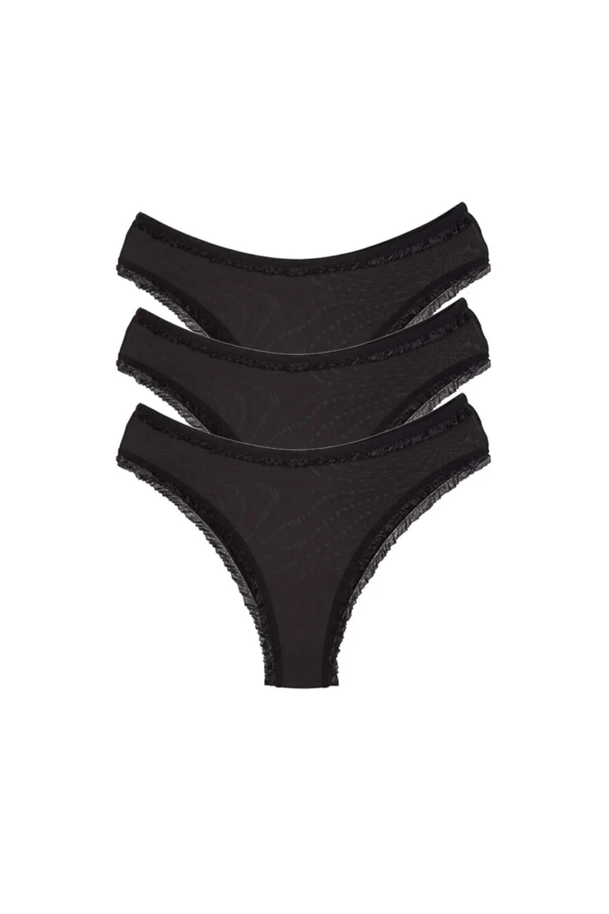3 Adet Kadın Mikro Bikini Külot İnce Lastik FırFır Kenarlı Yumuşak Doku İç Giyim Siyah