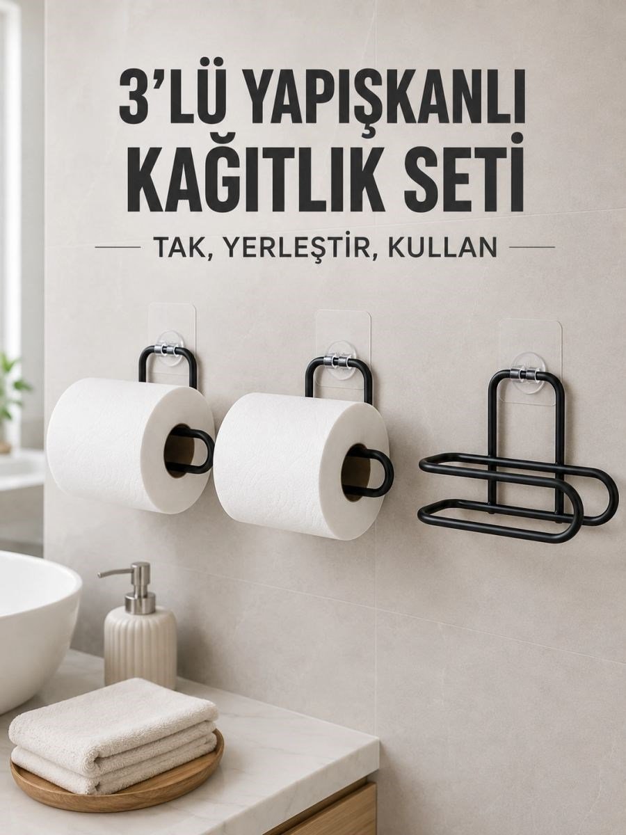 3 Adet Yapışkanlı Rulo Tutucu Siyah Metal Tuvalet Kağıdı Askısı