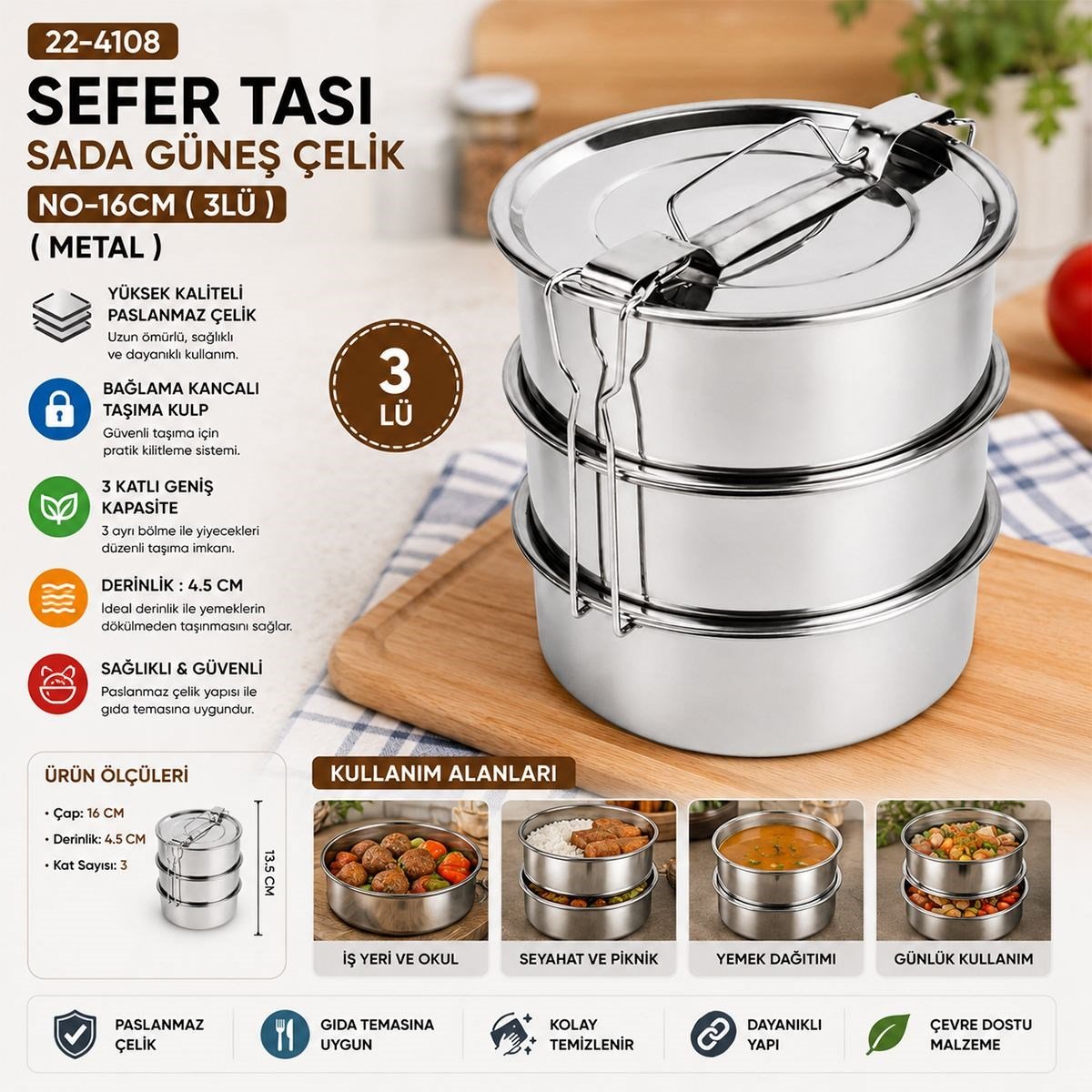3 Katlı Çelik Sefer Tası 16 cm - Yemek Taşıma Kabı