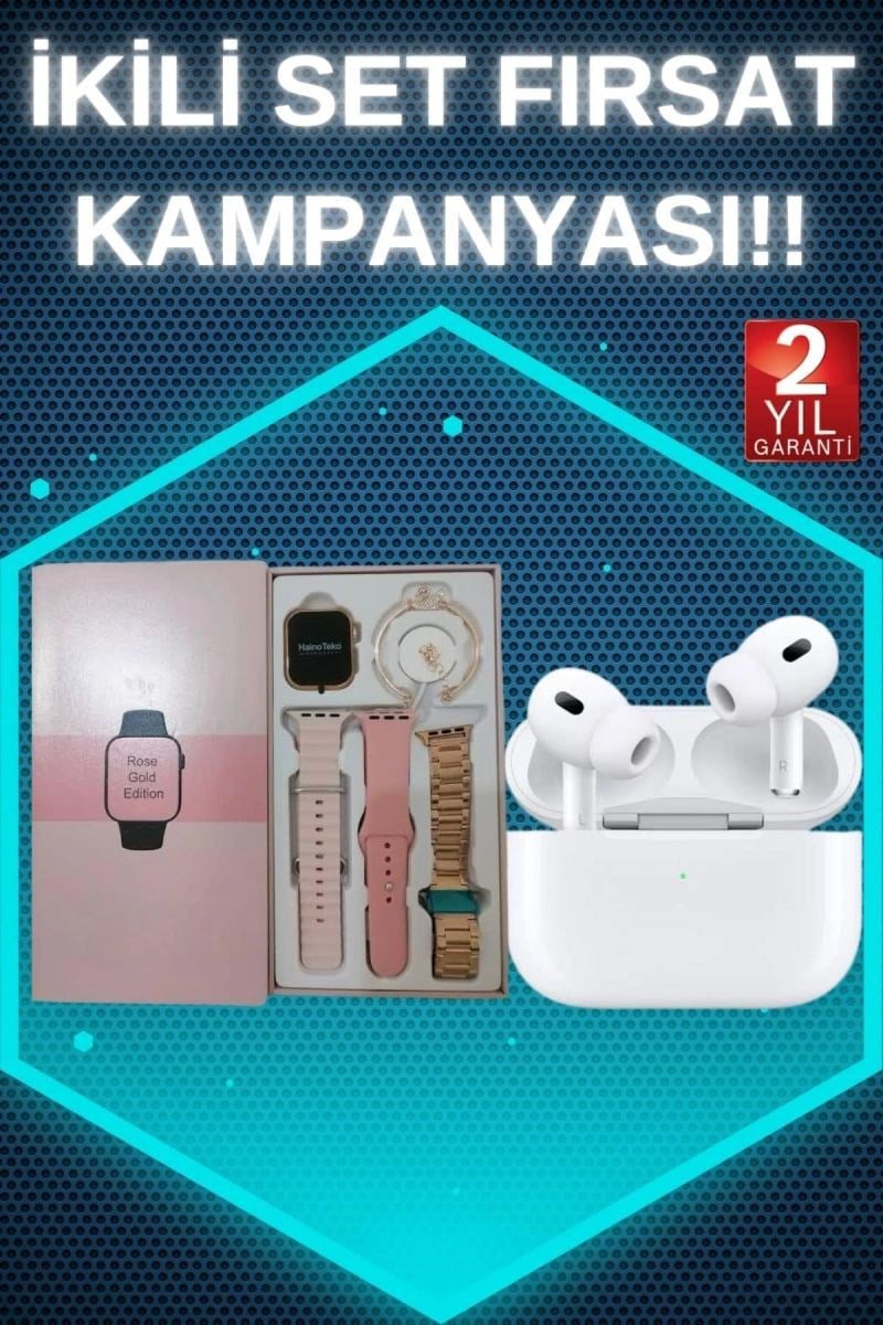 3 Kordonlu Pembe Amoled Ekran Akıllı Saat Ve Yeni Nesil Pro Kablosuz Bluetooth Kulaklık Anc/enc