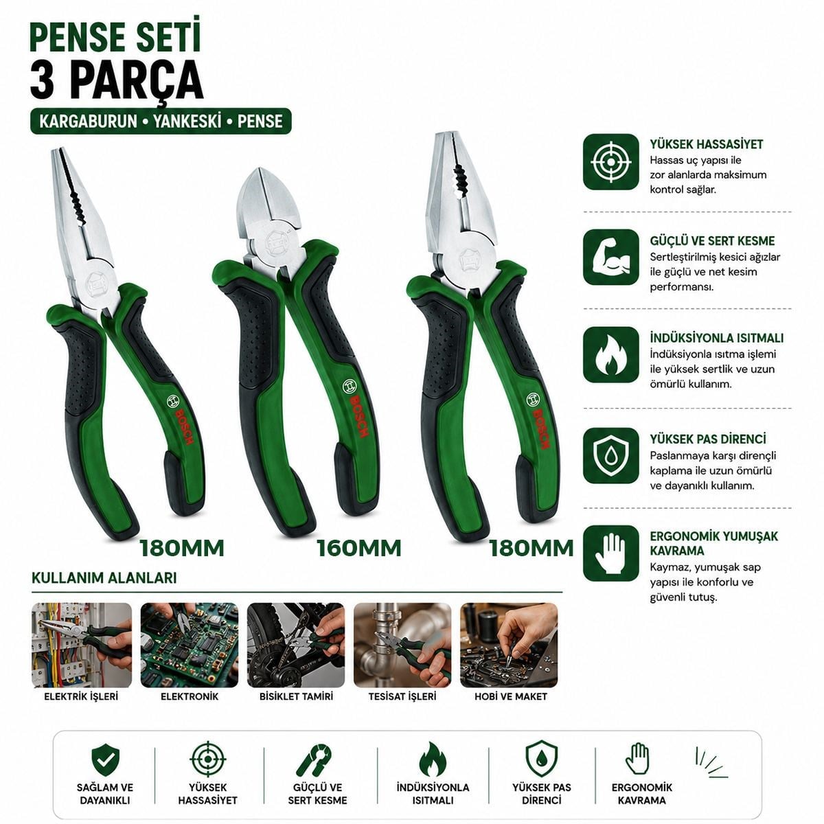 3 Parça Pense Seti - 7 inç Pense, 6 inç Yan Keski, 7 inç Kargaburnu (60± Kesme Sertliği)