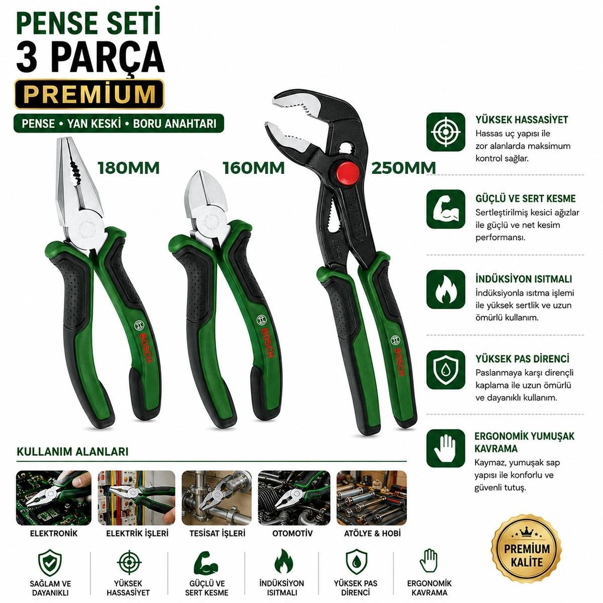 3 Parça Premium Pense Seti - 10 inç Papağan, 7 inç Pense, 6 inç Yan Keski