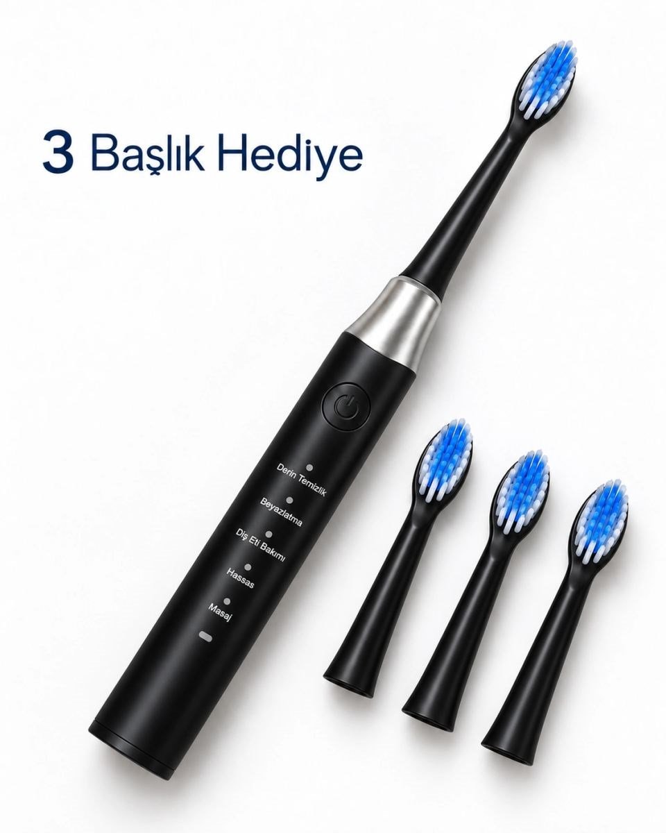 3 Yedek Başlık Hediyeli Usb Şarjlı Siyah Elektrikli Diş Fırçası