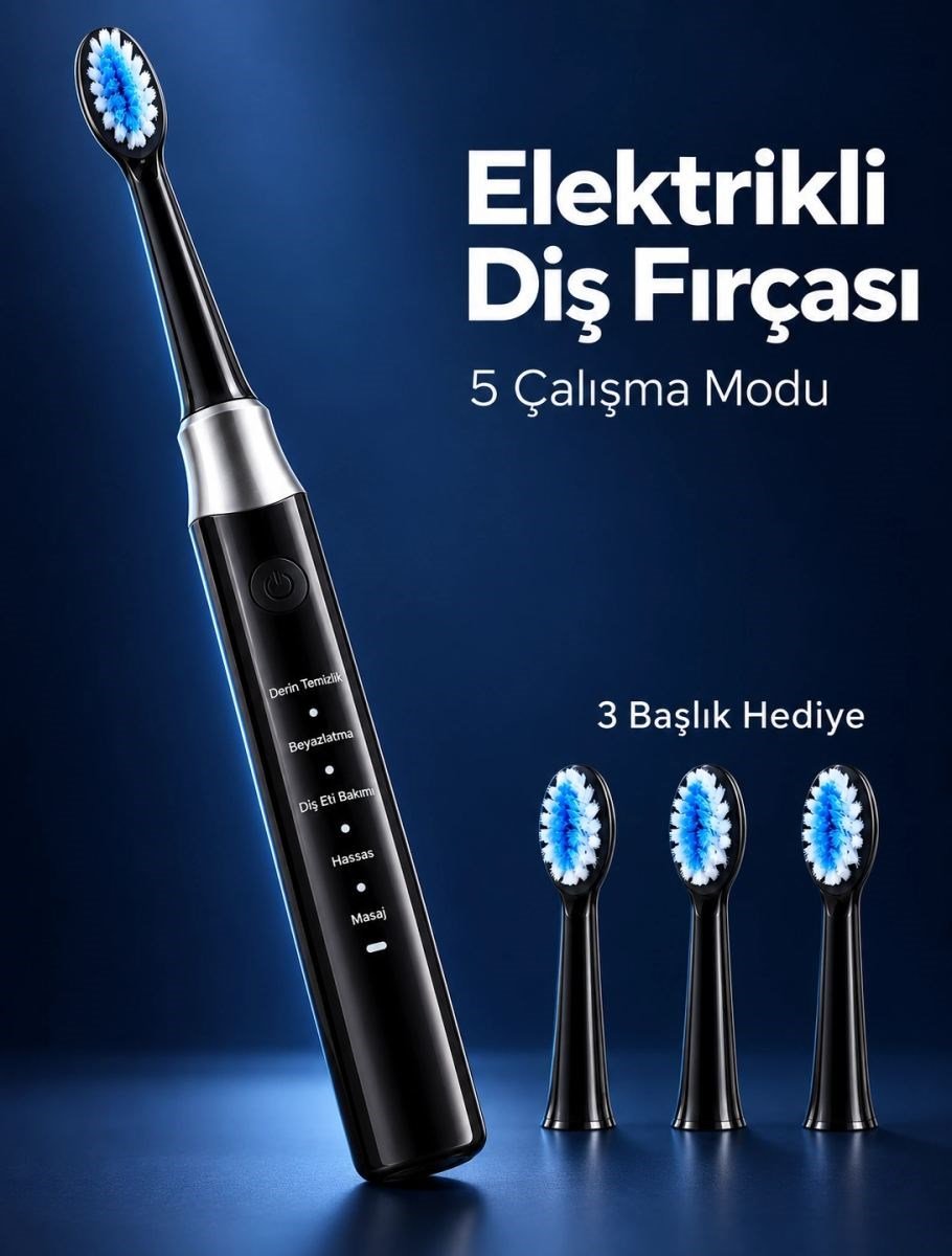 3 Yedek Başlık Hediyeli Usb Şarjlı Siyah Elektrikli Diş Fırçası