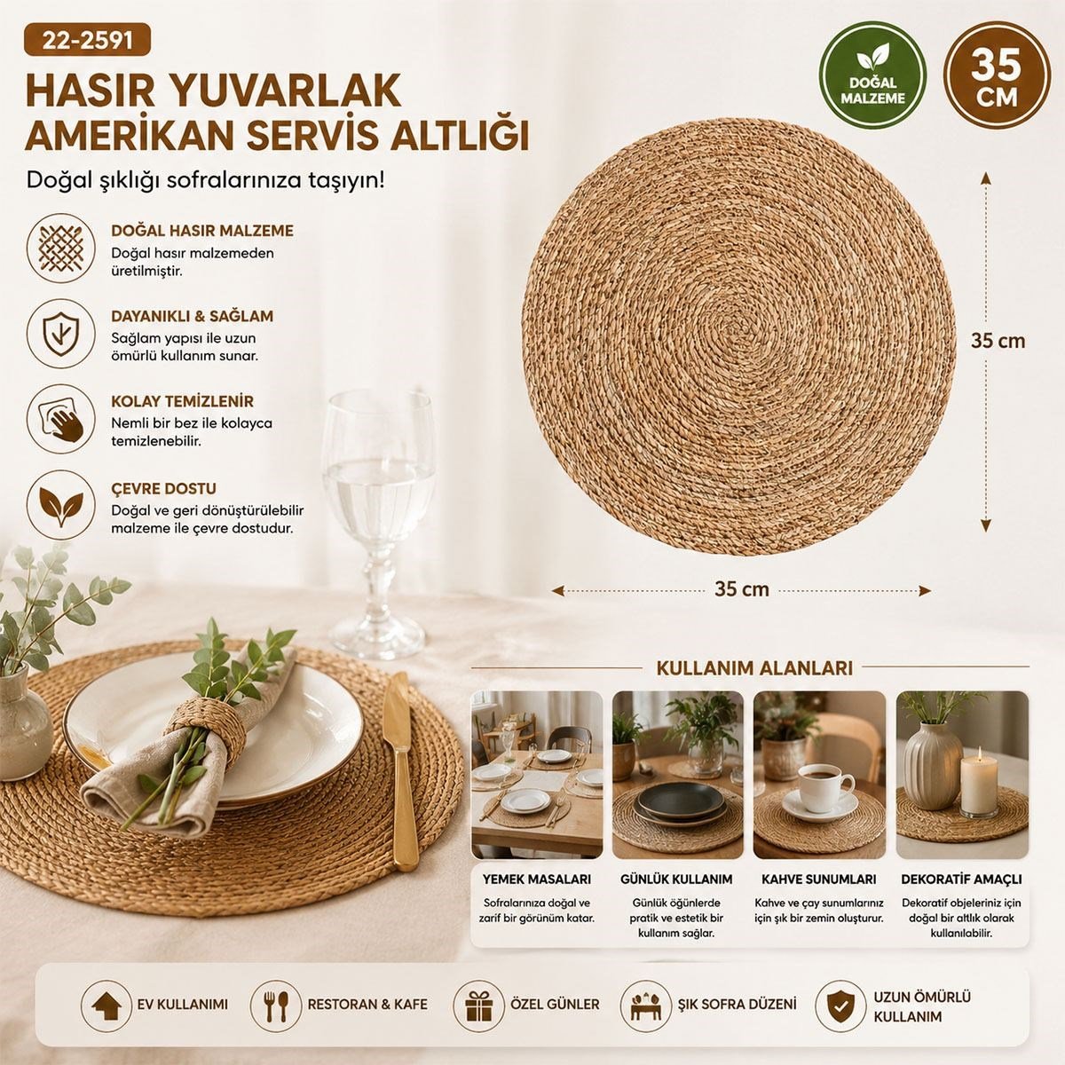 35 cm Hasır Yuvarlak Amerikan Servis Altlığı (Supla)