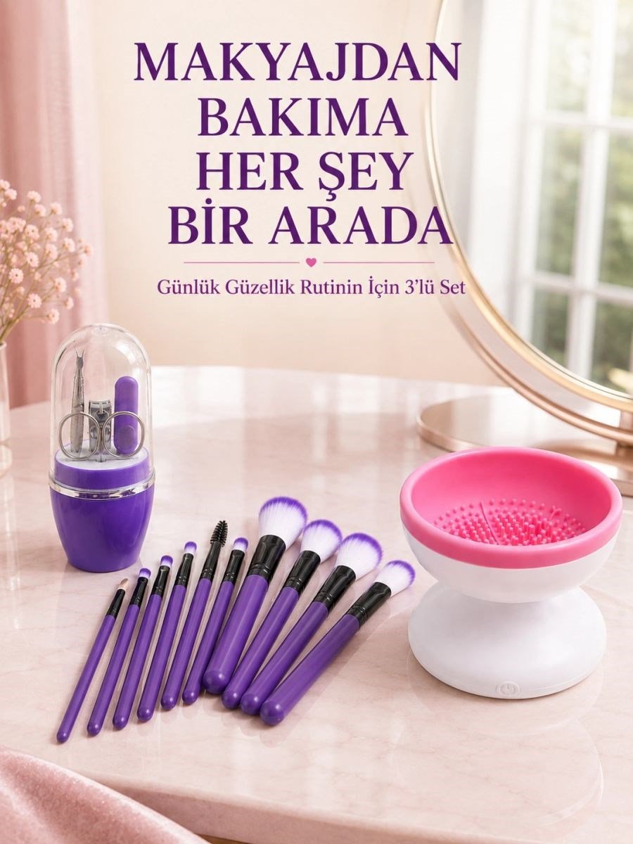 3’lü Güzellik Ve Bakım Seti 12’li Mor Makyaj Fırçası Fırça Temizleme Cihazı Ve Manikür Pedikür Tırnak Bakım Seti