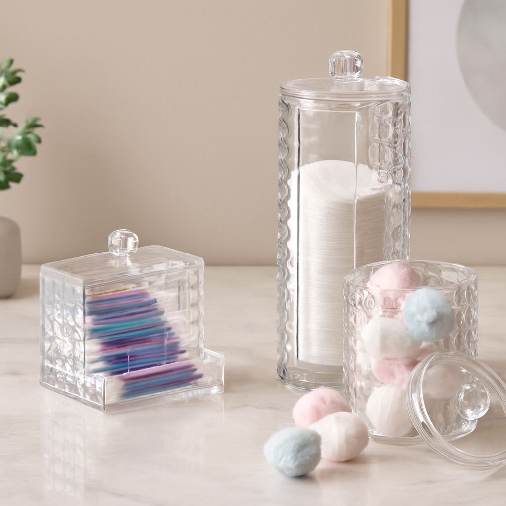 3'lü Mika Kristal Plastik Organizer Seti - Kulak Pamukluk, Makyaj Pamuğu, Mendillik