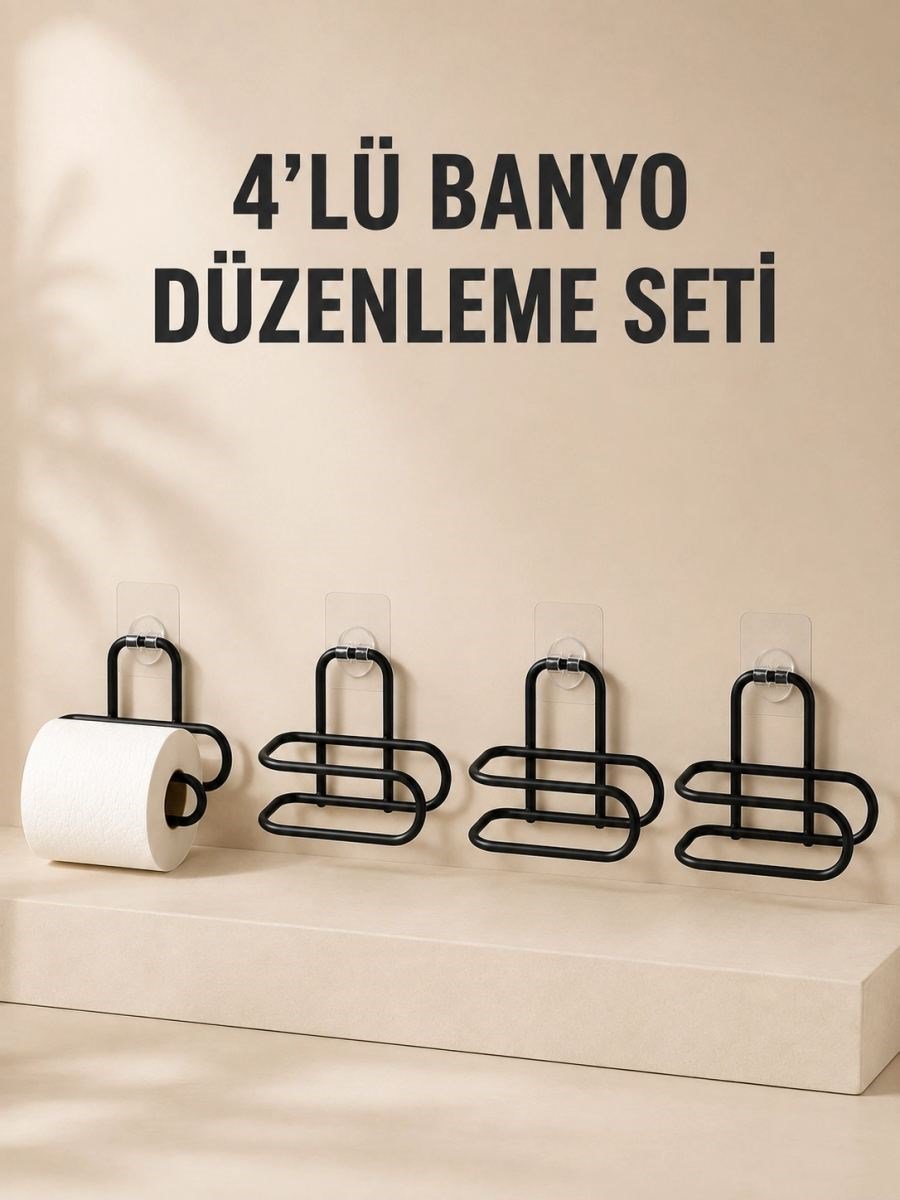 4 Adet Yapışkanlı Tuvalet Kağıdı Askısı Siyah Metal Delmeden Duvara Monte Wc Kağıtlık