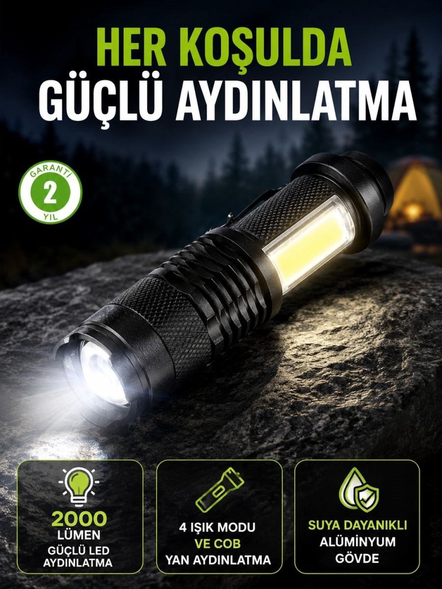 4 Modlu Usb Şarjlı Led El Feneri Kamp Ve Outdoor