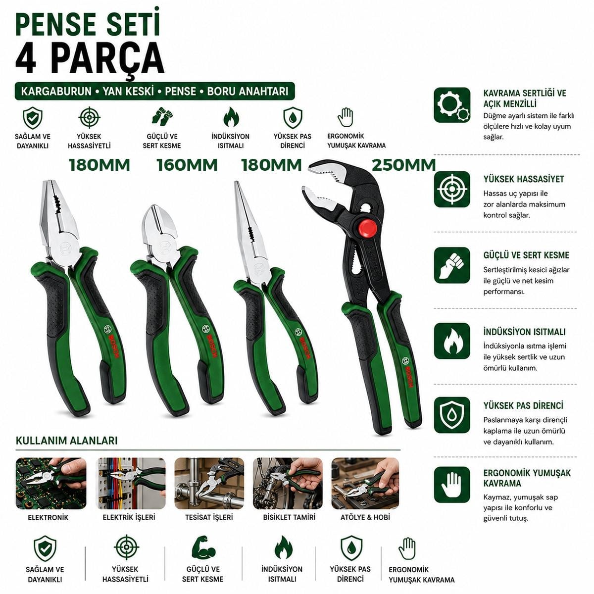 4 Parça Pense Seti - 10 inç Papağan, 7 inç Pense, 6 inç Yan Keski, 7 inç Kargaburnu