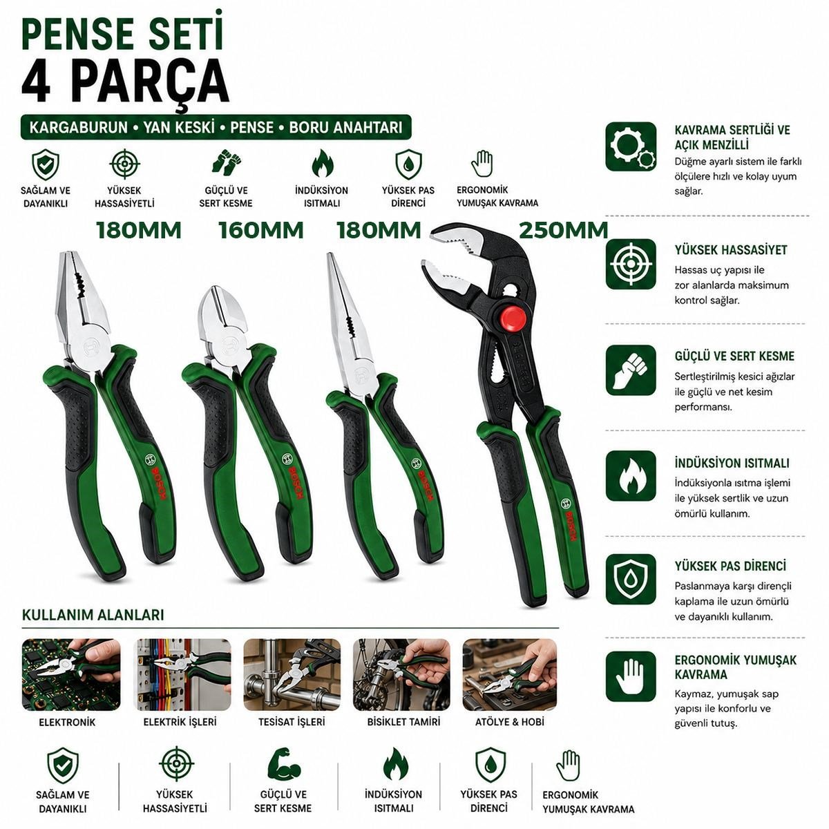 4 Parça Pense Seti - 10 inç Papağan, 7 inç Pense, 6 inç Yan Keski, 7 inç Kargaburnu