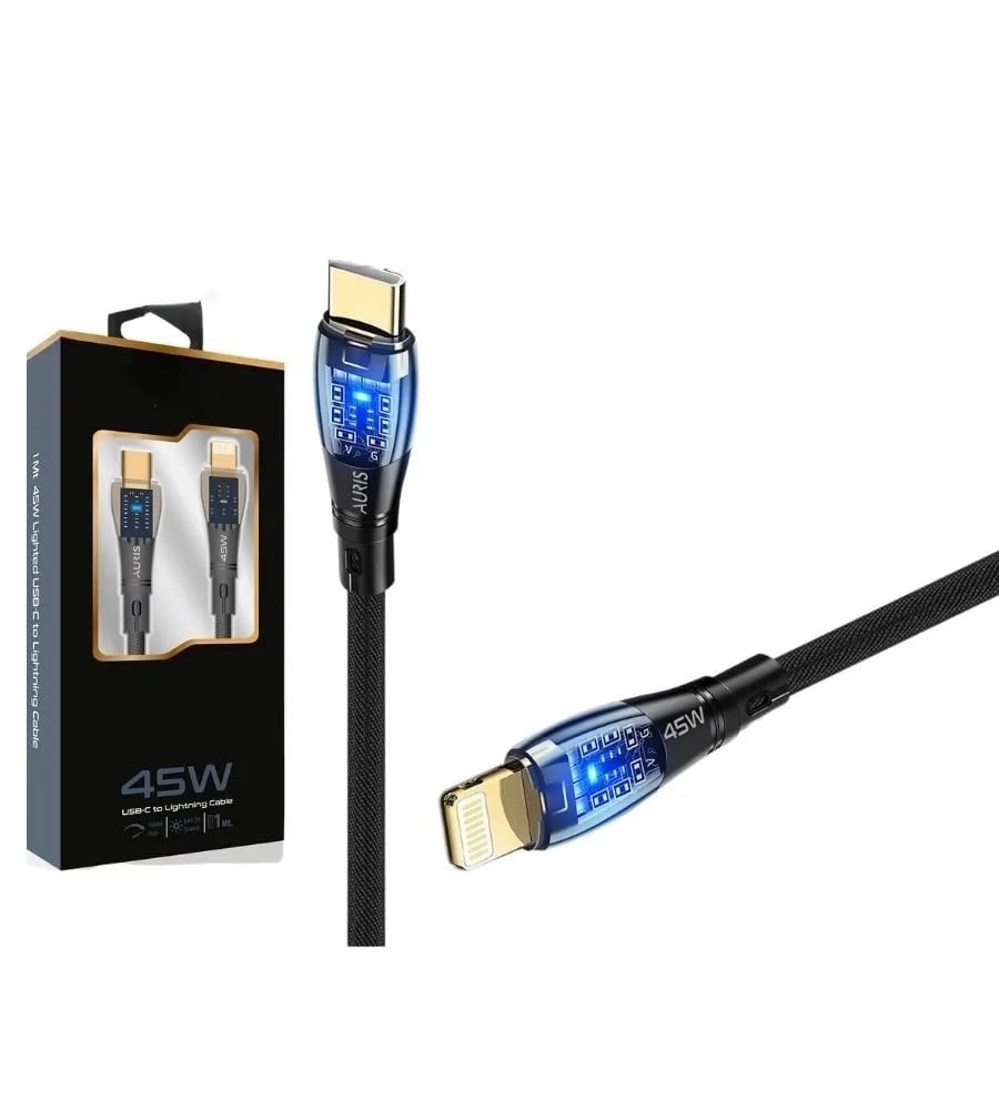 45W USB-C Lightning Işıklı Şeffaf Kablo Hızlı Şarj, Dayanıklı Tasarım, iPhone ve iPad Uyumlu
