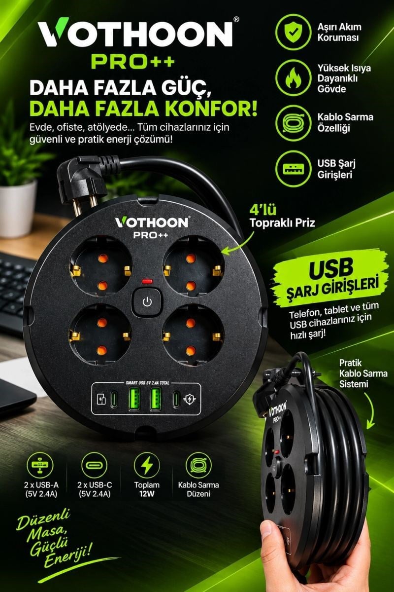 4’lü Priz Makarası 2 Metre Kablolu, 2 Usb-a + 2 Usb-c Şarj Çıkışlı, Açma/kapama Düğmeli, 2200w 10a