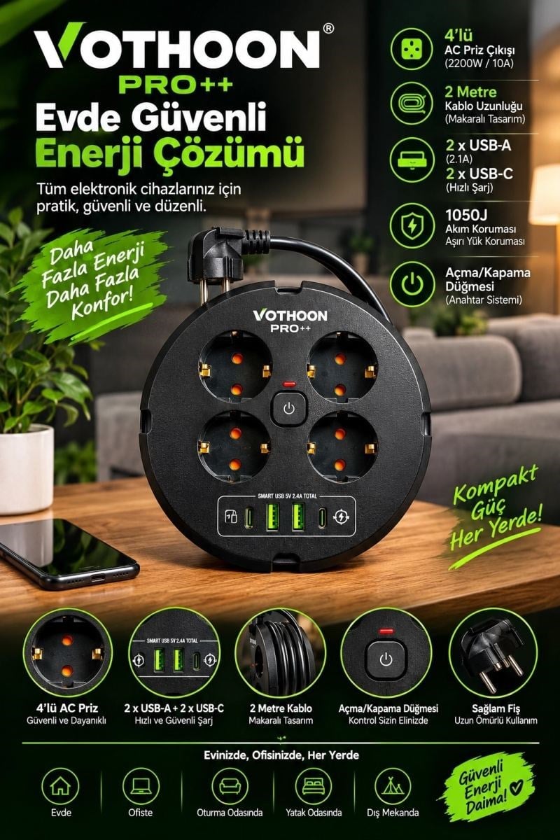 4’lü Priz Makarası 2 Metre Kablolu, 2 Usb-a + 2 Usb-c Şarj Çıkışlı, Açma/kapama Düğmeli, 2200w 10a