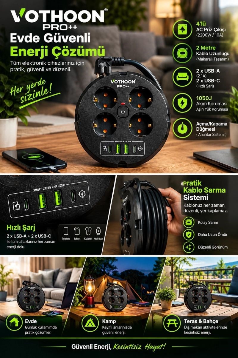 4’lü Priz Makarası 2 Metre Kablolu, 2 Usb-a + 2 Usb-c Şarj Çıkışlı, Açma/kapama Düğmeli, 2200w 10a