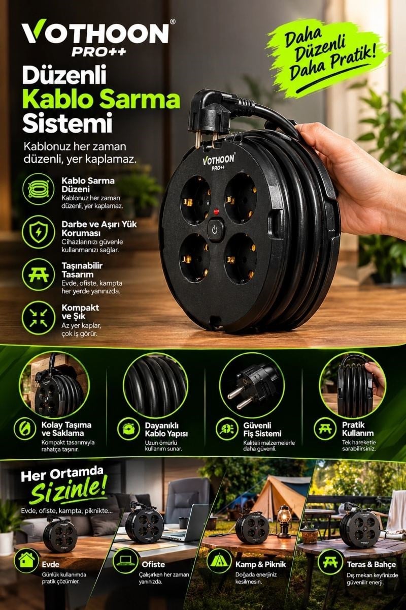 4’lü Priz Makarası 2 Metre Kablolu, 2 Usb-a + 2 Usb-c Şarj Çıkışlı, Açma/kapama Düğmeli, 2200w 10a