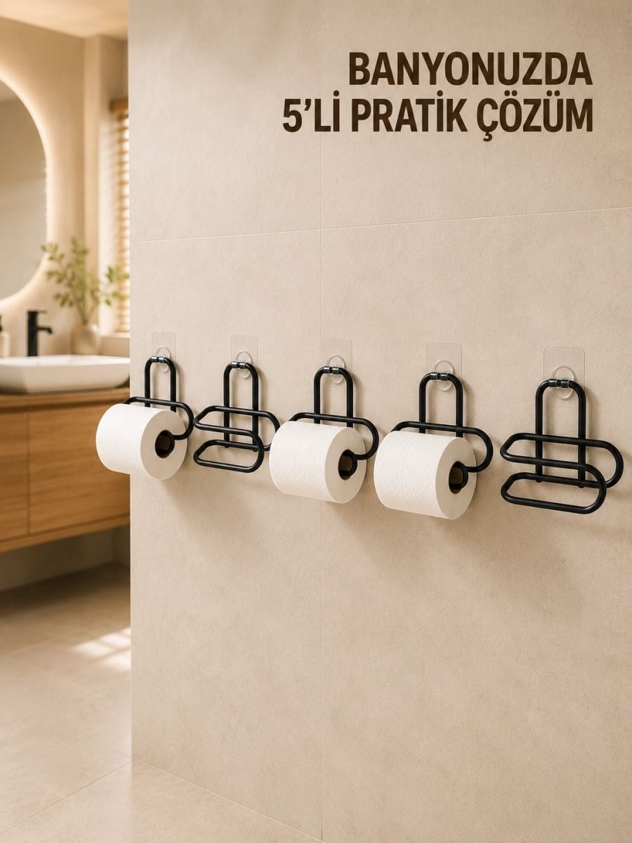 5 Adet Duvara Yapışkanlı Wc Kağıtlık Delmeden Montaj Siyah Metal Tuvalet Kağıdı Askısı