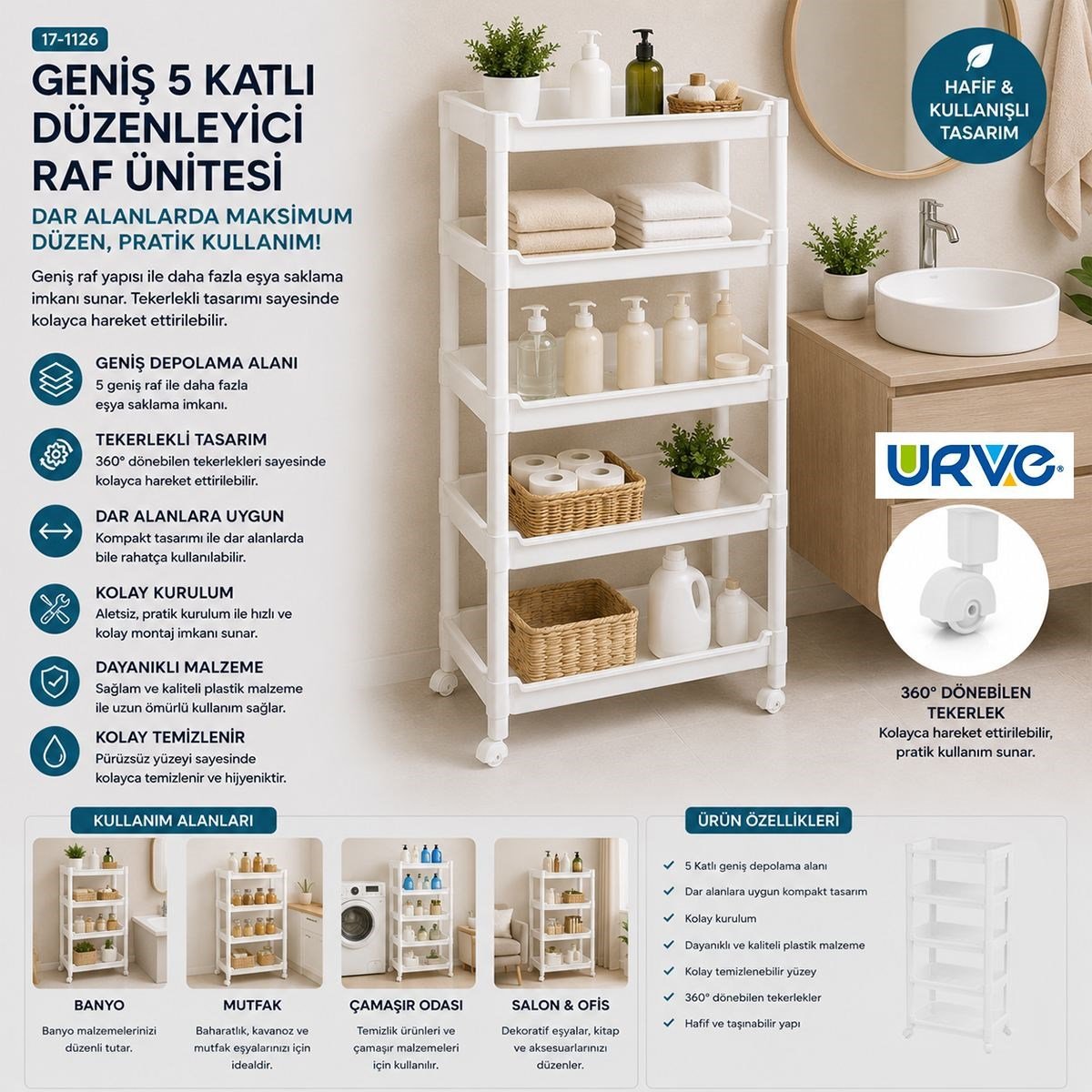 5 Katlı Tekerlekli Sepet Organizer Raf Ünitesi (355x220x850 mm)