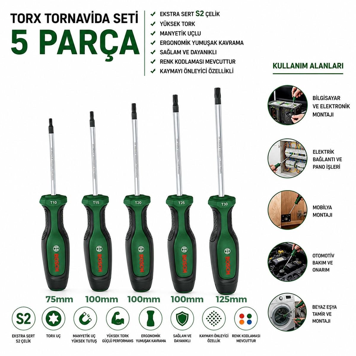 5 Parça Torx Tornavida Seti (TX10-TX30, 75-125 mm)
