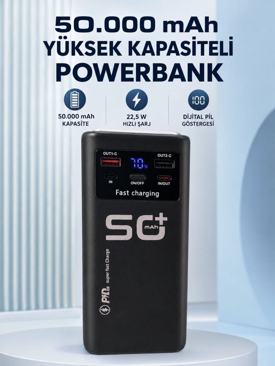 50.000 Mah Taşınabilir Powerbank 22,5 W Hızlı Şarj 4 Dahili Şarj Kablosu Dijital Ekran Led Aydınlatma Ve Taşıma Sapı