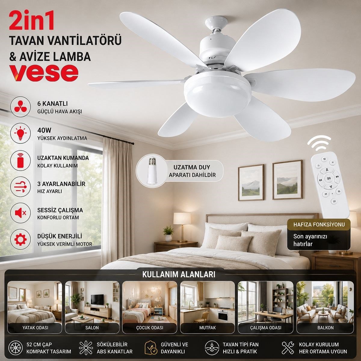 6 Kanatlı Kumandalı 2in1 Tavan Vantilatör Avize 40W