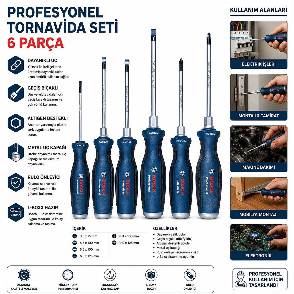 6 Parça Profesyonel Tornavida Seti (PH2 / PH1 / 3.5 / 4.5 / 5.5 / 6.5)