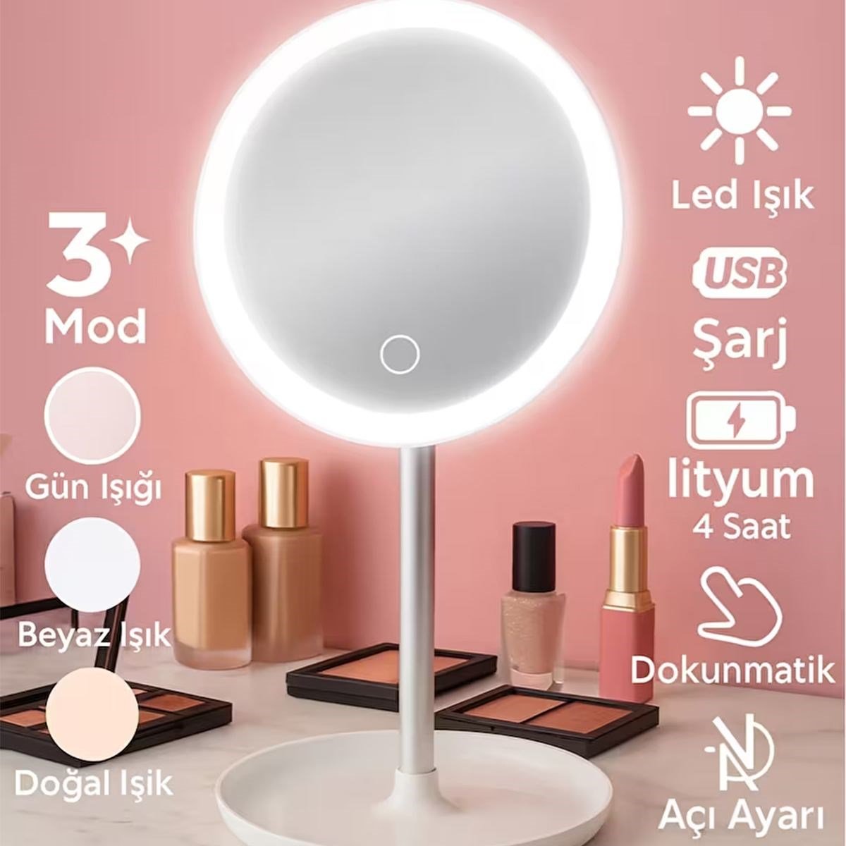 6,5 inç LED USB Şarjlı Yuvarlak Makyaj Aynası - 90° Ayarlı, Standlı