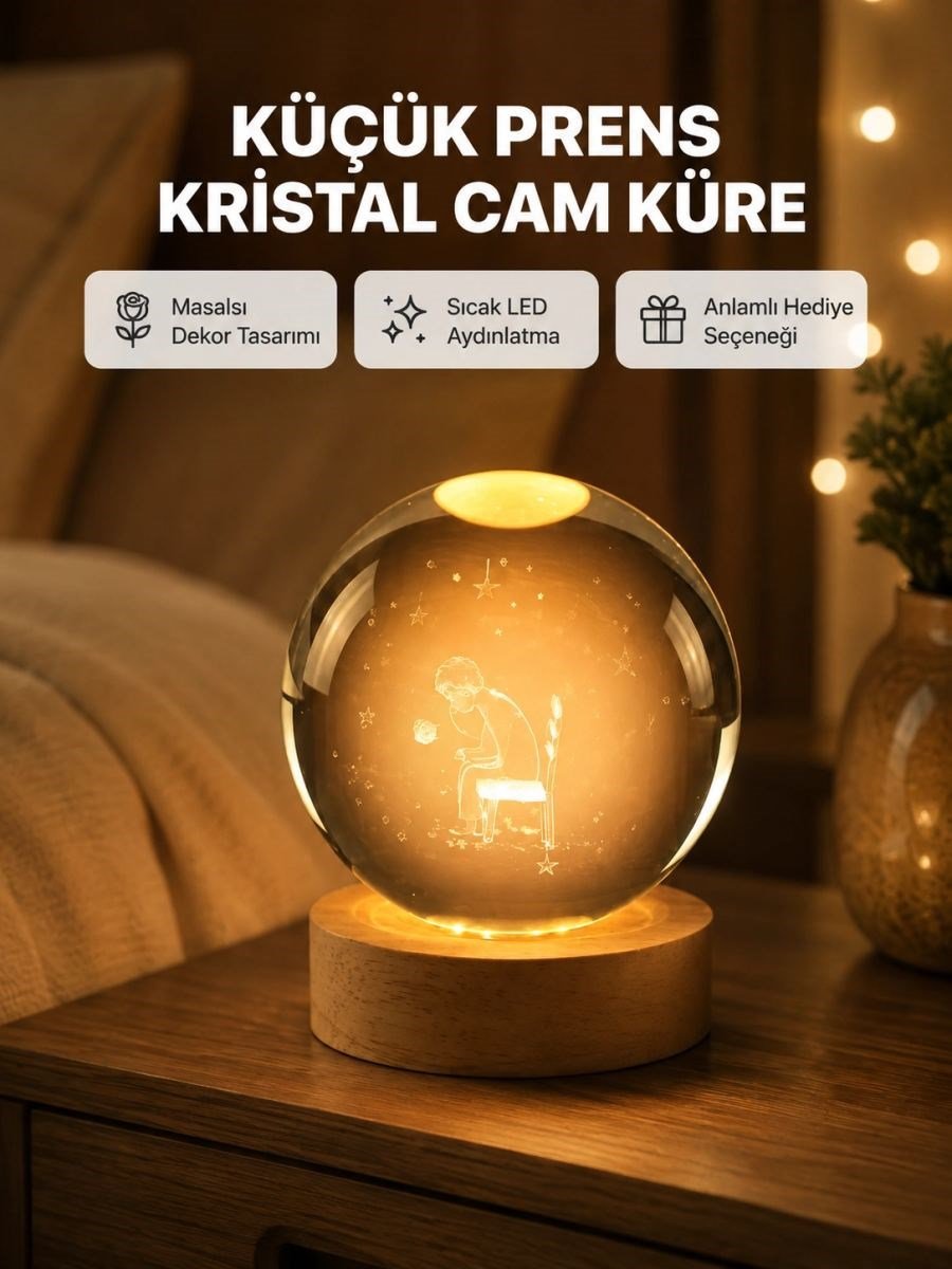 8 Cm Küçük Prens Cam Küre Usb Işıklı Ahşap Tabanlı Dekor