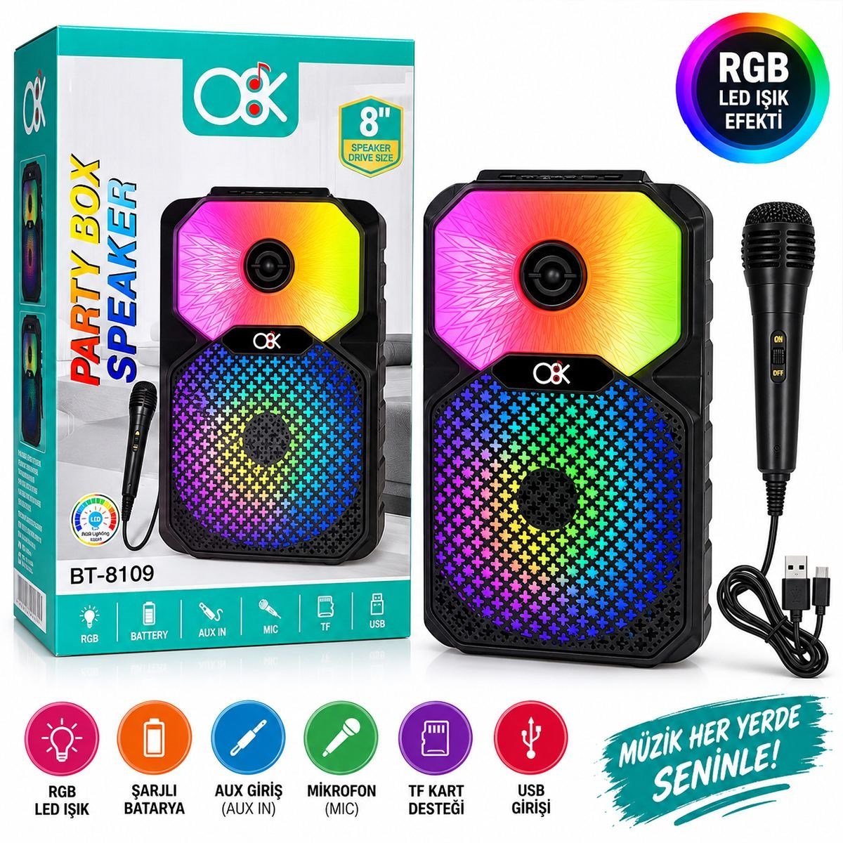 8 inç Bluetooth Mikrofonlu Karaoke Hoparlör (Şarjlı, RGB)
