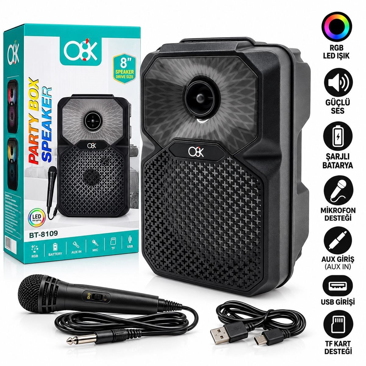 8 inç Bluetooth Mikrofonlu Karaoke Hoparlör (Şarjlı, RGB)