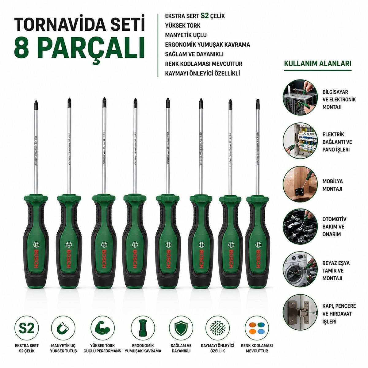 8 Parça Tornavida Seti TX/SL/PZ/PH 100-125 mm