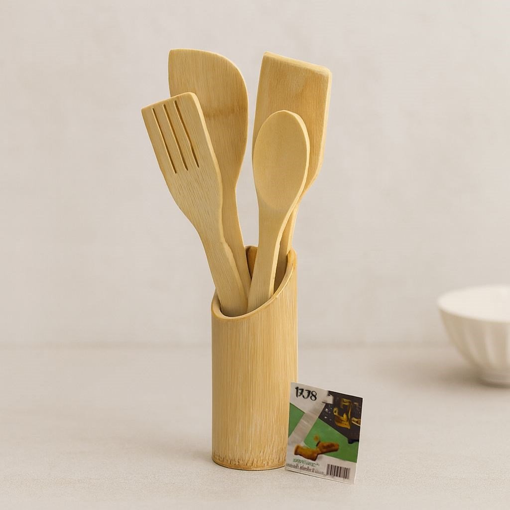 Ahşap bambu mutfak servis seti - kaşık, çatal, spatula ve stand