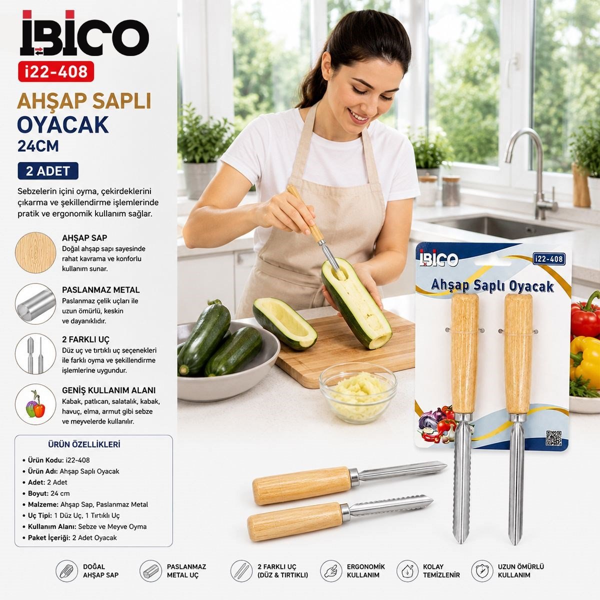 Ahşap Saplı Metal Oyacak 24cm