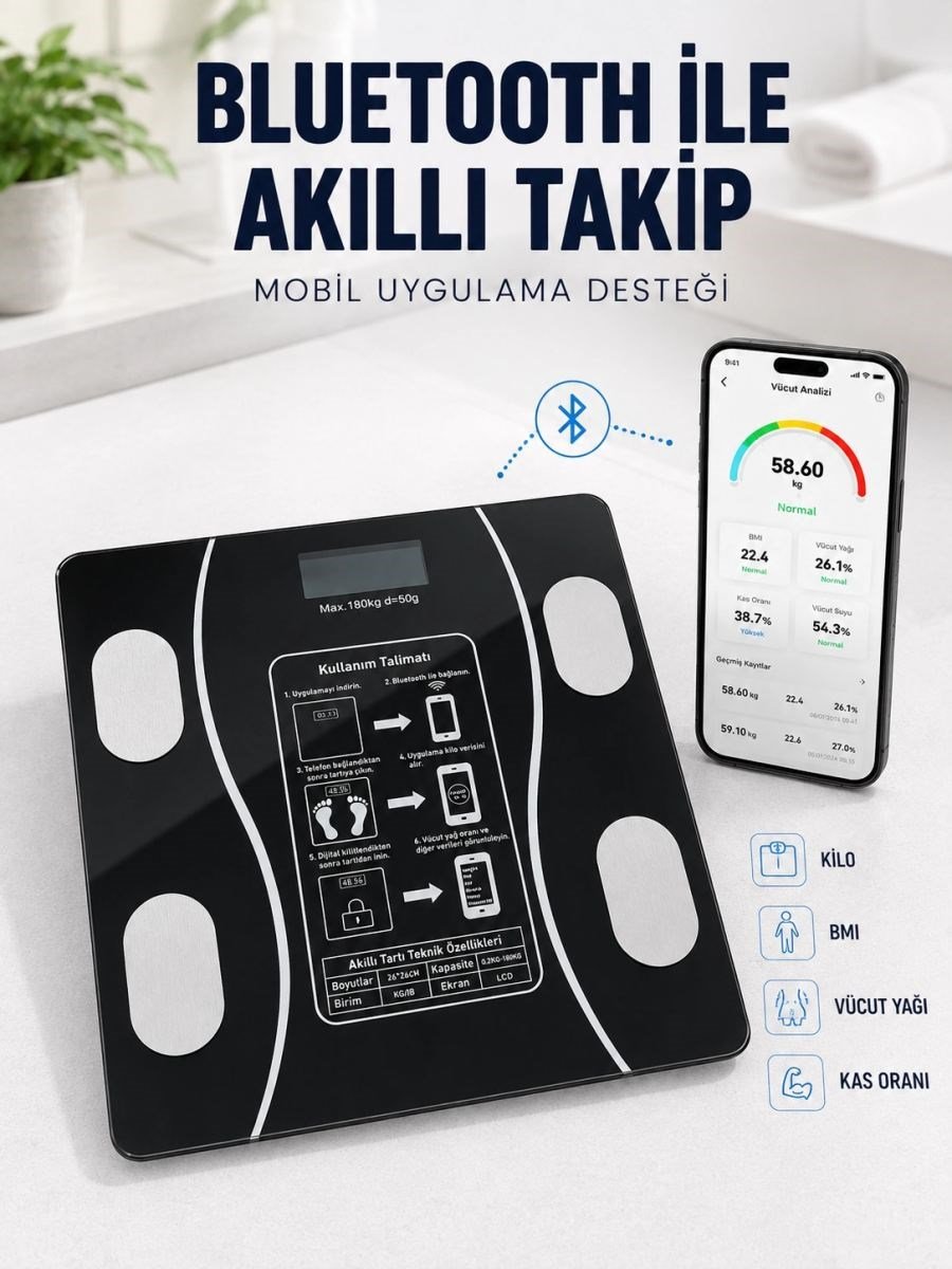 Akıllı Cam Baskül Bluetooth Mobil Uygulamalı Vücut Analiz Tartısı 180 Kg Lcd Ekran