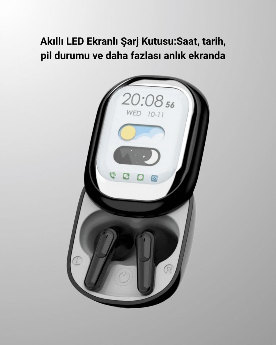 Akıllı Ekranlı Bluetooth 5.4 Kablosuz Kulaklık – Dokunmatik Ve Şarj Kutulu