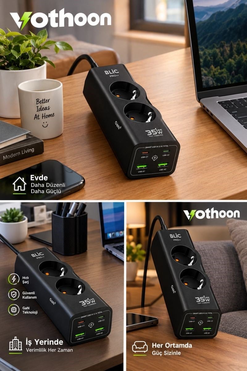 Akım Korumalı Priz 2 Ac Soket 2 Usb-a 2 Usb-c 35w Hızlı Şarj 1050j Koruma 2 Mt Kablo 2200w