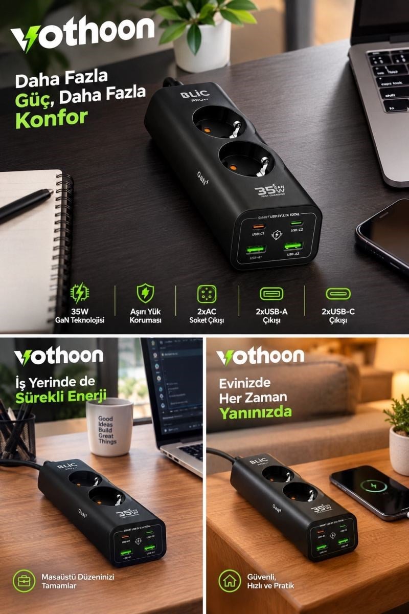Akım Korumalı Priz 2 Ac Soket 2 Usb-a 2 Usb-c 35w Hızlı Şarj 1050j Koruma 2 Mt Kablo 2200w