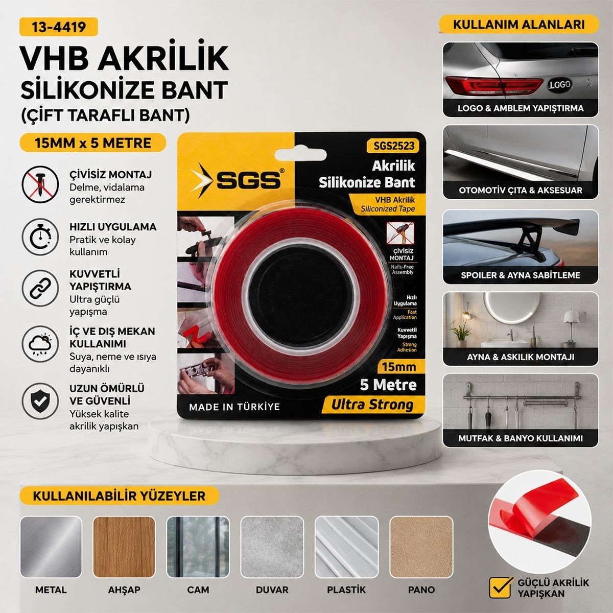 Akrilik Silikonize Çift Taraflı Bant (VHB) 15mm x 5yd
