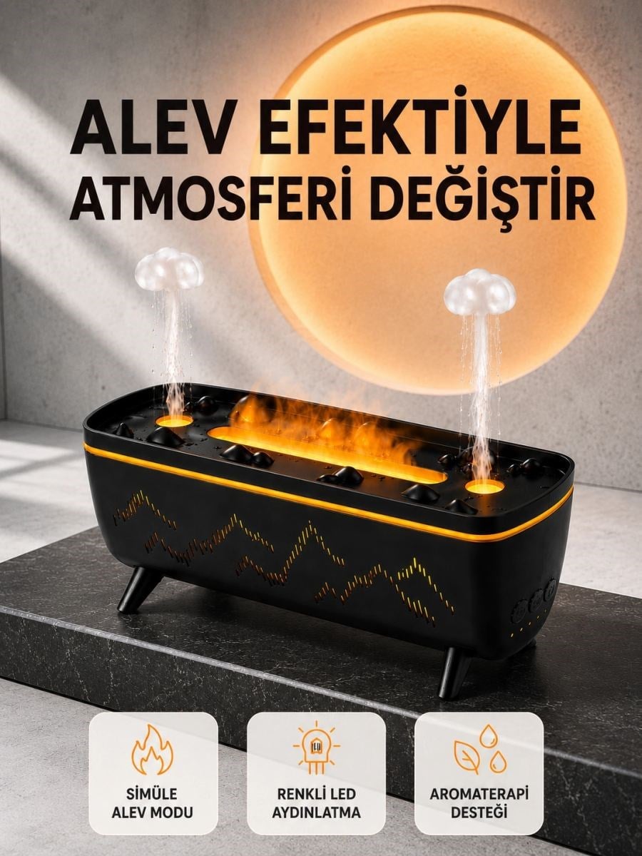 Alev Efektli Hava Nemlendirici 280 Ml Esansiyel Yağ Uyumlu Jöle Yağmur Efektli Difüzör